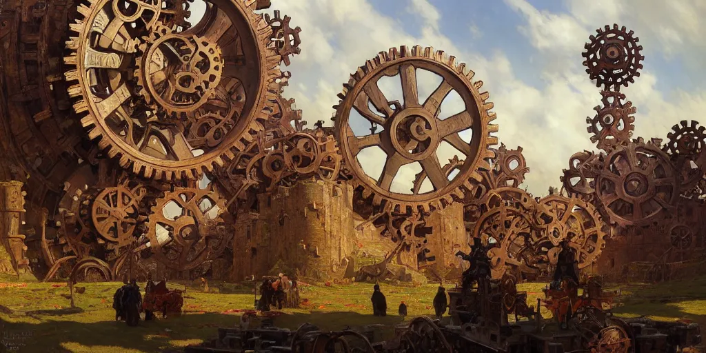 Image similar to giant interlocked gears cogs no people clockwork, giant mechanisms, industry, villages castles, buildings vista artstation illustration sharp focus sunlit vista painted by ruan jia raymond swanland lawrence alma tadema zdzislaw beksinski norman rockwell tom lovell alex malveda greg staples