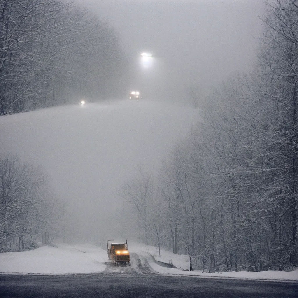 Image similar to photo, big snow plow truck is in the distance with a bright headlighta. cold color temperature, snow storm. hazy atmosphere. humidity haze. kodak ektachrome, greenish expired film, award winning, low contrast,