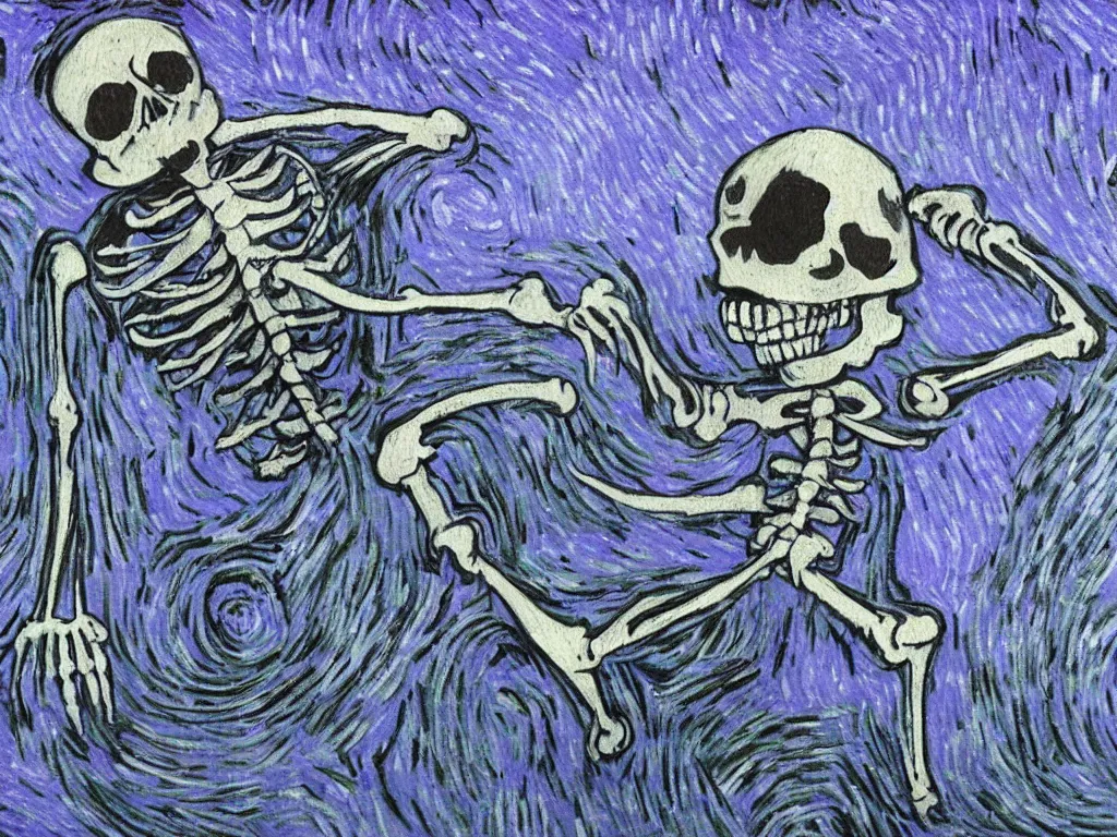 Prompt: spooky scary skeleton with a stupid smile in the style of vincent van gogh breakdancing in a hospital emergency room leaving purple trails of mist behind while dancing on top of an old apple macintosh computer
