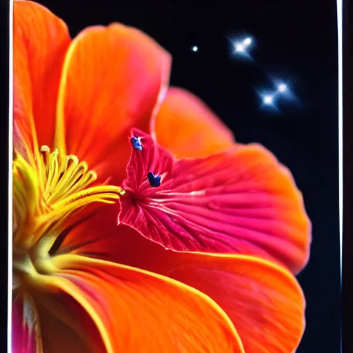 Image similar to a hibiscus flower with detailed orange pedals, floats in space, hubble photo, 2 8 mm lens, olympus xa camera, 3 5 mm film, beautiful, galaxies