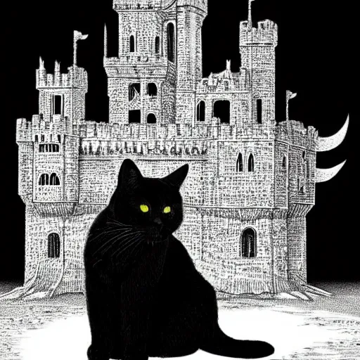 Image similar to demon all black house cat sitting on top of a castle, style of kentaro miura!!!!, black and white