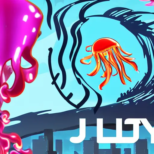 Image similar to a logo for a TV show about jellyfish fighting cry in a cyberpunk setting in the future