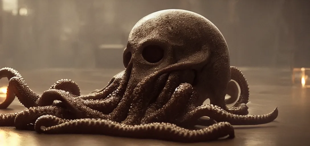 Prompt: an octopus in the shape of a skull on a plate, foggy, cinematic shot, photo still from movie by denis villeneuve, wayne barlowe