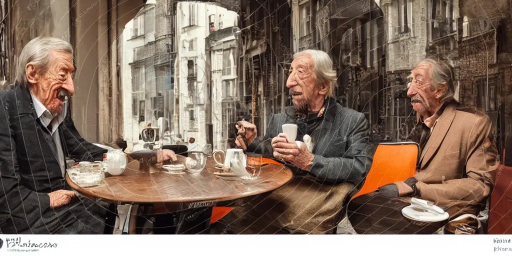 Image similar to mcgregor and jean rochefort are having a coffee. they are on nice conversation. a brown furry cat sits at the middle of the table. strong colours. nice atmosphere. 2 0 th century paris is seen on window. tobacco smoke. antique coffee cups.