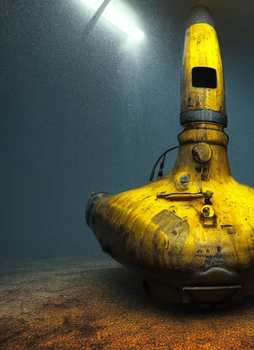 Image similar to a photorealistic dramatic hyperrealistic underwater render of an deep sea submersible, ultra realistic details, glossy yellow, well worn, rust, oil stains by vitaly bulgarov and mike nash, beautiful dramatic dark moody tones and lighting, cinematic atmosphere, global illumination, shadows, dark background, octane render, 8 k