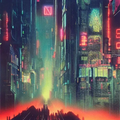 Image similar to huge cyberpunk dystopian megacity with lights and neon billboards, holograms, bladerunner and beksinski painting