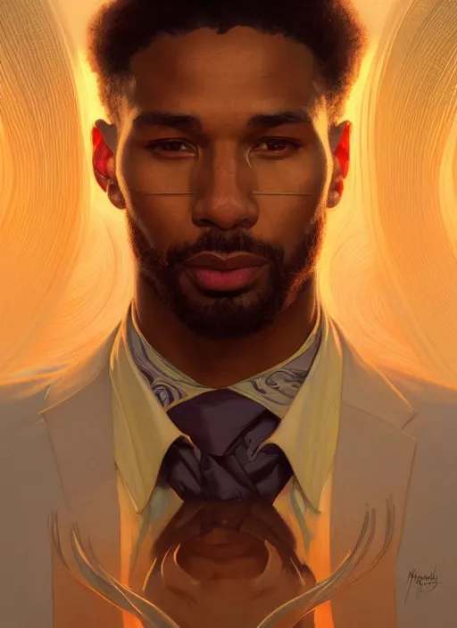 Image similar to symmetry!! portrait of terrence boyd, golden hour, intricate, elegant, highly detailed, digital painting, artstation, concept art, smooth, sharp focus, illustration, art by artgerm and greg rutkowski and alphonse mucha