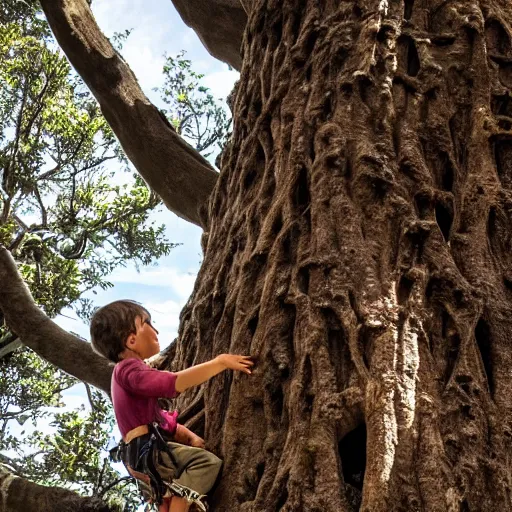 Prompt: a child climbing beautiful giant tree growing in the middle of an ancient Victorian library. 4K, high-fantasy art, ultra-realistic, detailed