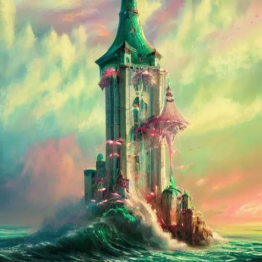 Image similar to a delicate ornate white fantasy tower with pink and green decoration splashes upwards from a turbulent ocean, dramatic lighting, rich colors, beautiful oil painting, artstation