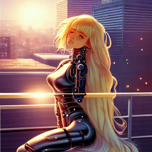 Image similar to beautiful cyborg - angel girl sitting on rooftop overlooking a floating city, long curly blonde hair, golden watery eyes, full round face, big smile, biomechanical details, digital cyberpunk anime art, full body shot, reflections, lens flare, rainfall, wlop, ilya kuvshinov, artgerm, krenz cushart, greg rutkowski