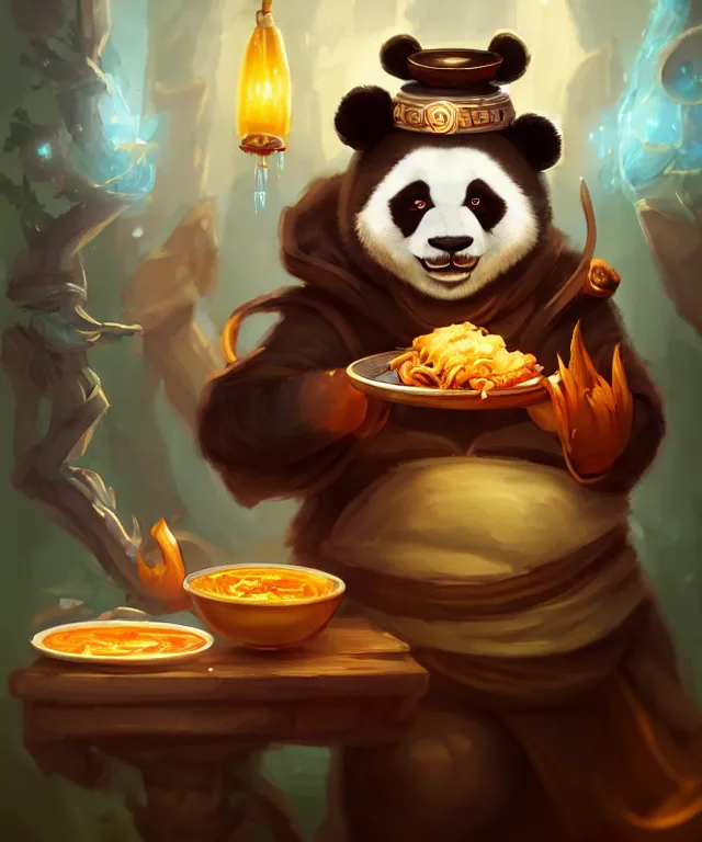 Image similar to a portrait an anthropomorphic panda mage eating chinese food, wearing mage robes, restaurant in background, cute and adorable, dnd character art portrait, well rendered matte fantasy painting, deviantart artstation, by jason felix by steve argyle by tyler jacobson by peter mohrbacher, cinematic lighting