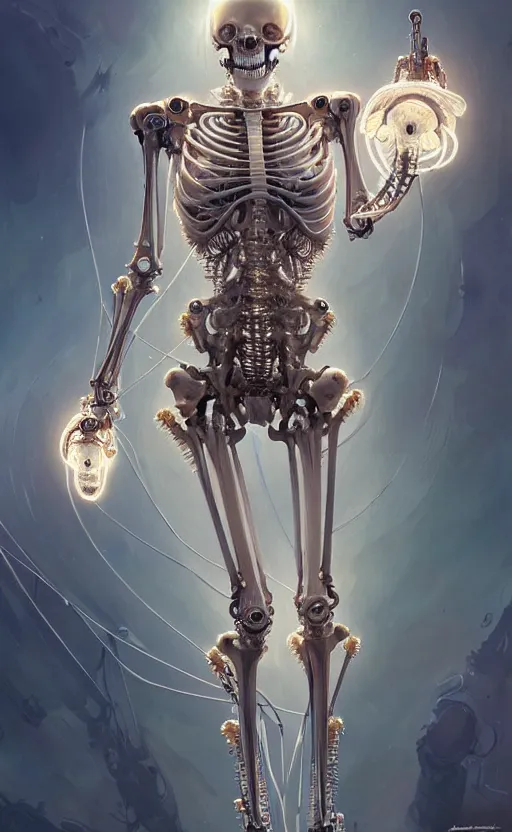 Image similar to Cyborg biomechanical jellyfish skeleton, sci-fi, highly detailed, digital painting, artstation, concept art, smooth, sharp focus, illustration, art by artgerm and greg rutkowski and alphonse mucha