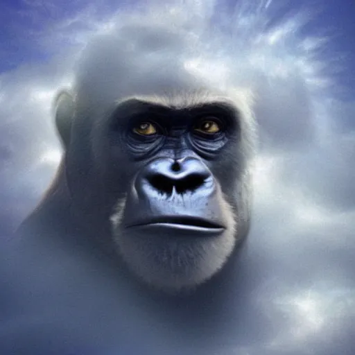 Image similar to the ghost of Harambe peering through the clouds, mystical vision, spiritual awakening, blessed and based,