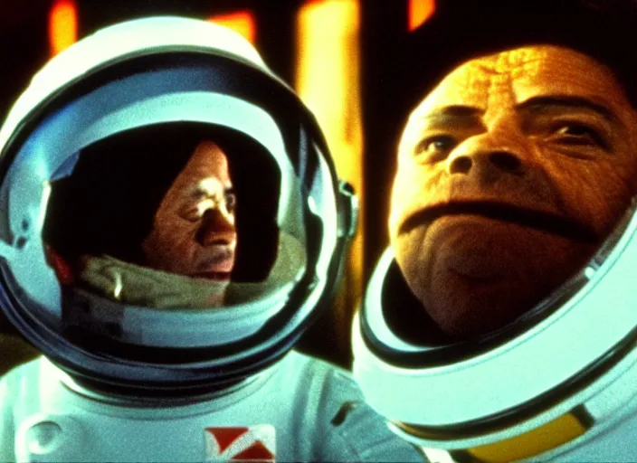 Image similar to film still of young old Cheech Marin as Dr. Dave Bowman in 2001 A Space Odyssey