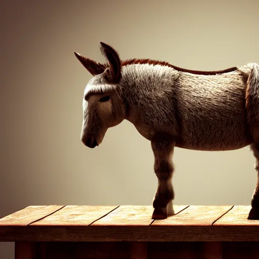 Image similar to a donkey on a table, 4 k, very realistic, photorealistic, very detailed, volumetric lighting