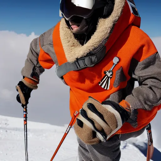 Image similar to skier wearing poe x - wing pilot helmet and a camel poncho, highly detailed, high definition, ultra realistic