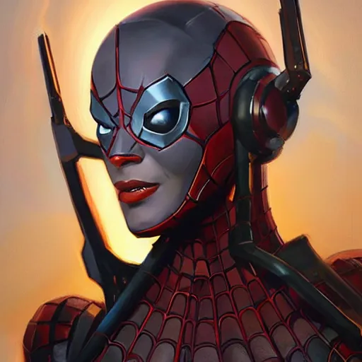 Image similar to greg manchess portrait painting of partially armored female iron spiderman as overwatch character, medium shot, asymmetrical, profile picture, organic painting, sunny day, matte painting, bold shapes, hard edges, street art, trending on artstation, by huang guangjian, gil elvgren, ruan jia, greg rutkowski, gaston bussiere