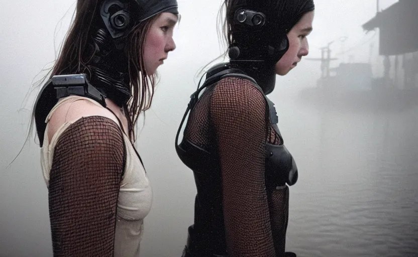 Image similar to cinestill 5 0 d candid photographic portrait by helen levitt of two loving female androids wearing rugged black mesh techwear in treacherous waters, extreme closeup, modern cyberpunk moody emotional cinematic, dust storm, 8 k, hd, high resolution, 3 5 mm, f / 3 2, ultra realistic faces, ex machina