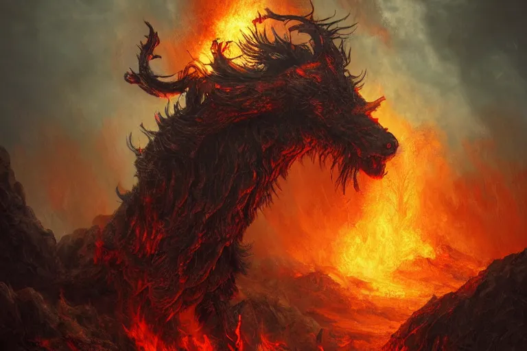 Image similar to fine art painting of a nightmare in a hellish landscape, flaming hooves and burning eyes, artstation, cgsociety, very detailed, intricate, masterpiece, stunning, romanticism