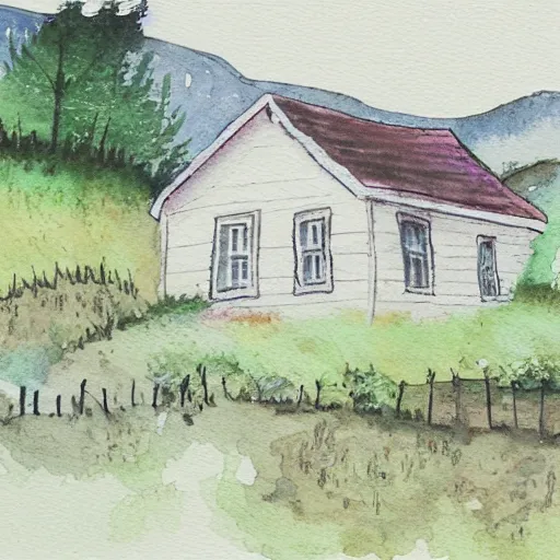 Image similar to a watercolor and ink painting of a cottage, drawn on white parchment paper, vibe, atmosphere, detailed, muted colors, by greg rutowski and ryan berkley