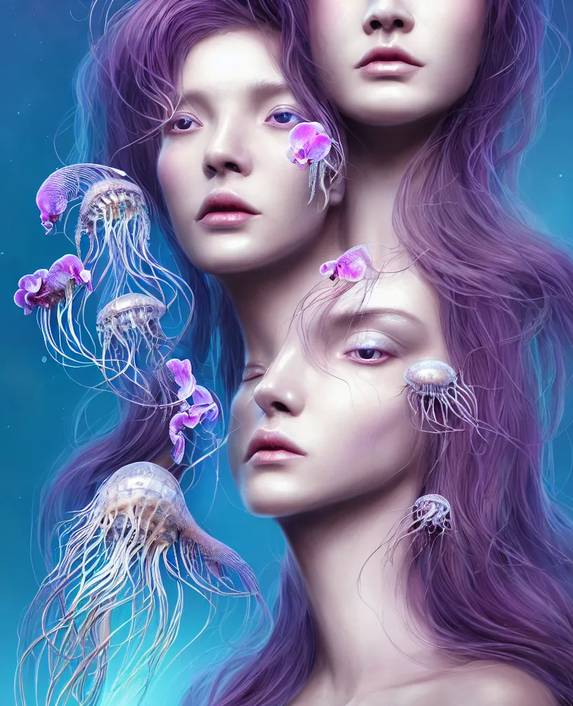 Image similar to goddess close-up portrait of princess face and ram skull. eyes. jellyfish phoenix head, nautilus, orchid, skull, betta fish, bioluminiscent creatures, intricate artwork by Tooth Wu and wlop and beeple. octane render, trending on artstation, greg rutkowski very coherent symmetrical artwork. cinematic, hyper realism, high detail, octane render, 8k