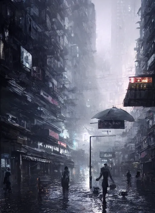 Image similar to dramatic Photorealistic, Matte Painting of a busy post apocalyptic deep flooded Hong Kong city street at night,dark Tall buildings by Greg Rutkowski,Craig Mullins,Hyperrealism,Beautiful dramatic moody lighting,Cinematic Atmosphere,volumetric,Octane Rendering,8K