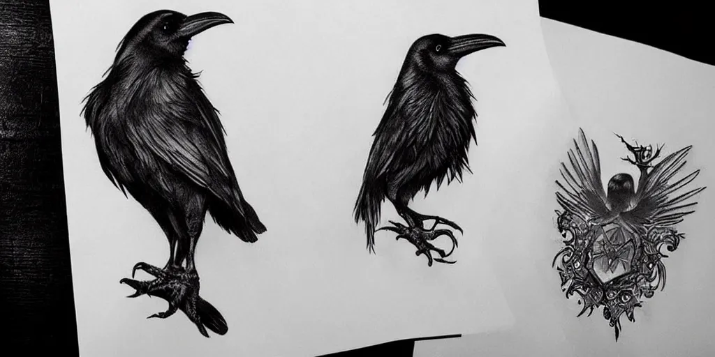 Image similar to realistic tattoo designs drawn on paper, mutant raven, dark, golden, delicate, hyper realism, tim burton, ink, ultra realistic, 8 k