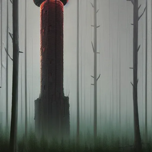 Image similar to Monumental old ruins tower of a dark misty forest, overcast, sci-fi digital painting by Simon Stålenhag