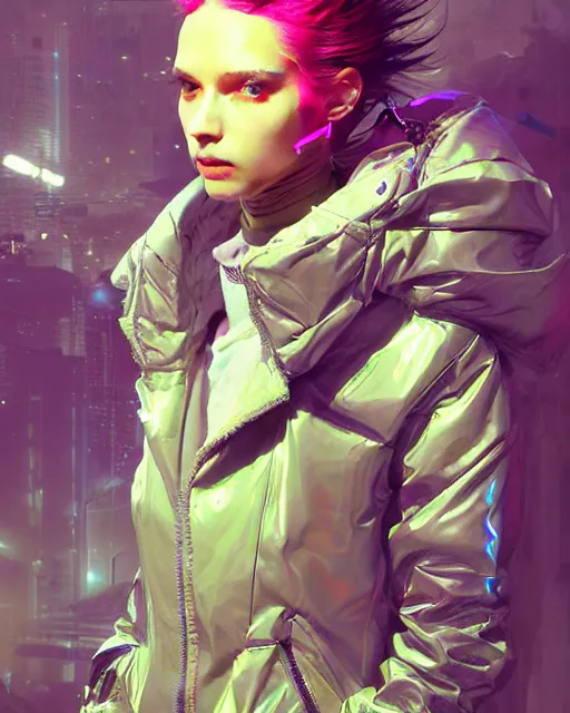 Prompt: detailed portrait Young Gangster Girl cyberpunk futuristic (neon) corporate styled hair Reflective holographic puffy cybernetic coat, decorated traditional ornaments by Carl Spitzweg ismail inceoglu dragan bibin hans thoma greg rutkowski Alexandros Pyromallis Nekro illustrated Perfect face, fine details, realistic shaded, fine-face, pretty face