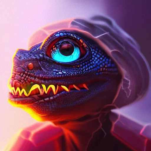 Prompt: close up portrait of a young lizard as a wizard with an epic idea, pixar style, stylized face, intricate detail, digital painting, glowing orange eyes, neon colors, cyberpunk, particles floating, industrial background by wlop, artwork by ross tran and ramond swanland and liam wong and mike winklemann, trending on artstation