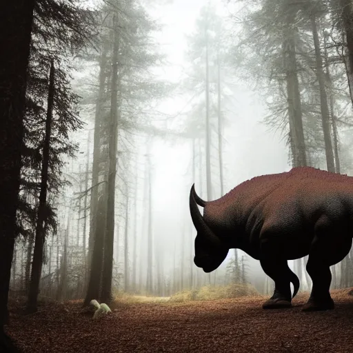 Prompt: a triceratops in a dark forest