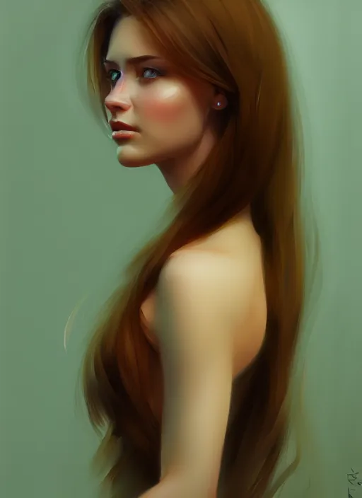 Image similar to portrait of a gorgeous young woman in the style of stefan kostic, green eyes, long brown hair, artstation, concept art