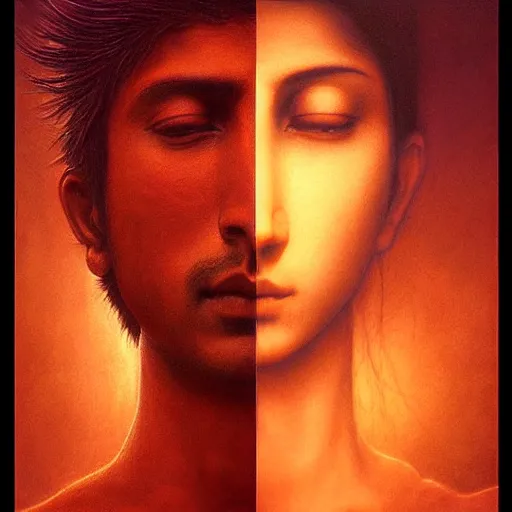 Image similar to perfectly - centered movie promotional poster - photograph of a young indian guy and a beautiful girl side profile faces symmetrical ; real life portrait by beksinski and jean delville, romantic theme, two lovers sharing one heart, unreal engine 5, photorealism, hd quality, 8 k resolution, cinema 4 d, hdr dramatic lighting ; symmetrical, cinematic, high coherence