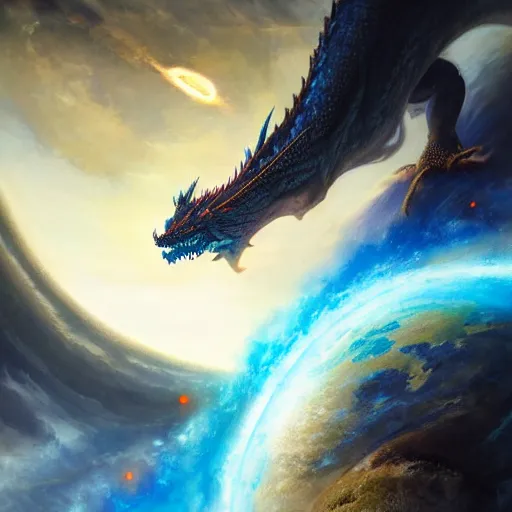 Prompt: Gigantic blue scaled dragon devouring an earth like planet while flying in space, sun system, behemoth, lizard, oil painting, by Greg Rutkowski