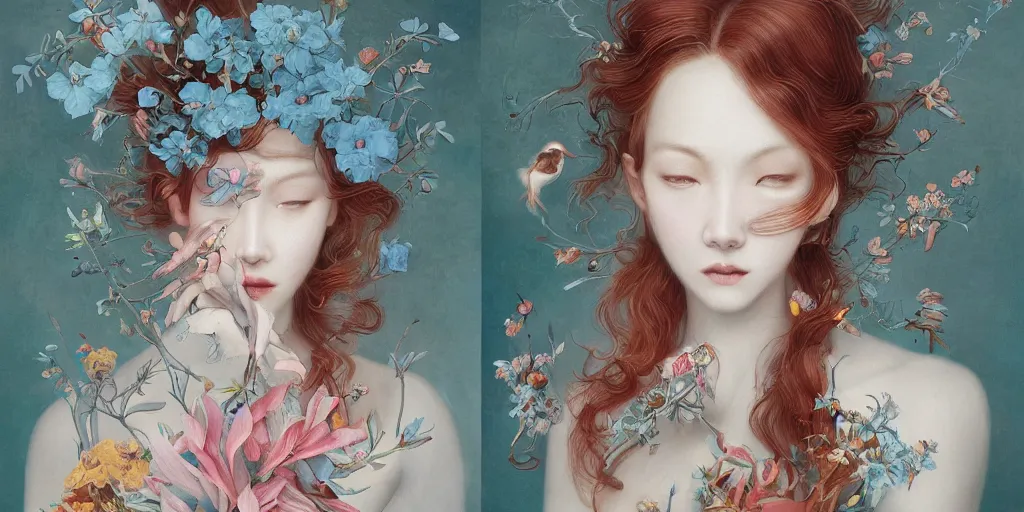 Image similar to breathtaking detailed concept art painting blend of two redhair goddess of light blue flowers by hsiao - ron cheng with anxious piercing eyes, vintage illustration pattern with bizarre compositions blend of flowers and fruits and birds by beto val and john james audubon, exquisite detail, extremely moody lighting, 8 k