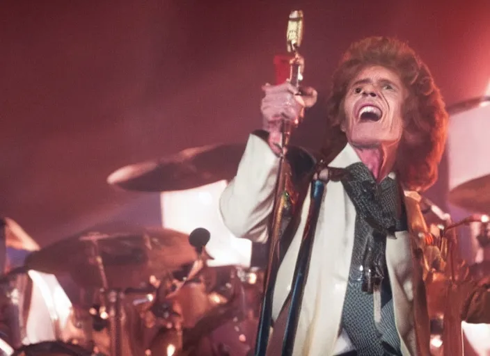 Image similar to film still of Willem Dafoe singing on stage in the new QUEEN movie, 4k