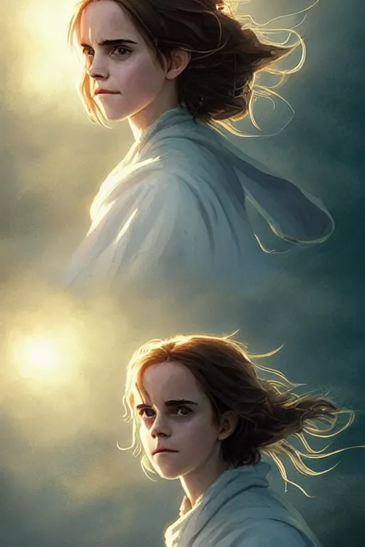 Image similar to Poster artwork, Emma Watson as Hermione Granger, magnificent, medium shot, close up, details, sharp focus, elegant, highly detailed, illustration, by Jordan Grimmer and greg rutkowski and PiNe(パイネ) and 薯子Imoko and 香川悠作 and wlop!! and maya takamura, intricate, beautiful, Trending artstation, pixiv, digital Art