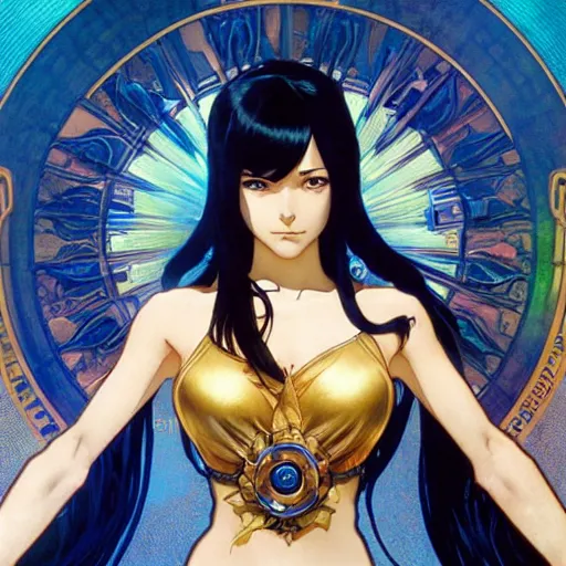 Image similar to highly detailed vfx portrait of nico robin, greg rutkowski, makoto shinkai, alphonse mucha, sharp focus, art by artgerm and greg rutkowski, backlit, harsh overhead sunlight, blue eyes, stanley kybric