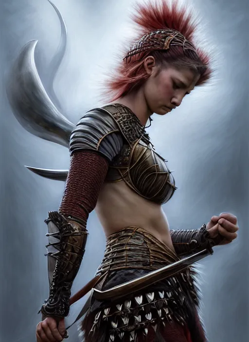 Image similar to a young warrior woman moments before battle, diffuse lighting, fantasy, intricate, elegant, highly detailed, lifelike, Rebel, photorealistic, digital painting, artstation, punks, illustration, concept art, smooth, sharp focus, artgerm, by John Collier and Albert Aublet and Leonardo da vinci and Krenz Cushart and Artem Demura and Alphonse Mucha