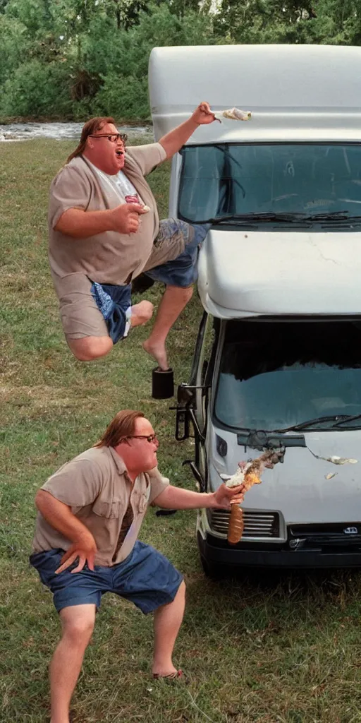 Prompt: matt foley living in a van down by the river cooking some hamburgers in the style of vemeer