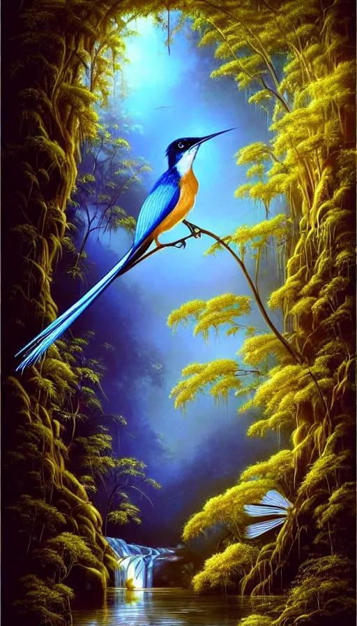 Image similar to paradise flycatcher, lush forest, gold, gems, dramatic lighting, waterfall, denoised, gothic architecture, baroque, painted by the best artists of artstation, best art in the world