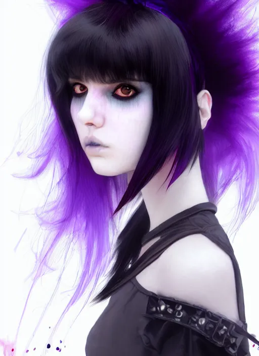 Image similar to hair blackbangs hair, white cyberlox, portrait of normal teenage girl, normal face, black bangs, messy bangs, fluffy bangs, cyberlox, whitebangs, red contact lenses, purple background, intricate, elegant, highly detailed, digital painting, artstation, concept art, sharp focus, smooth, illustration, art by wlop, mars ravelo and greg rutkowski