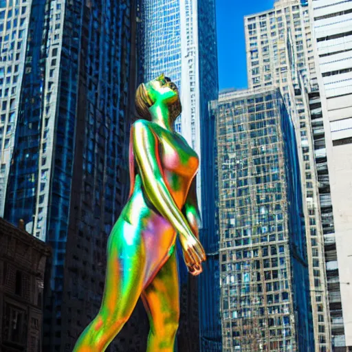 Prompt: An iridescent statue of a woman in Chicago