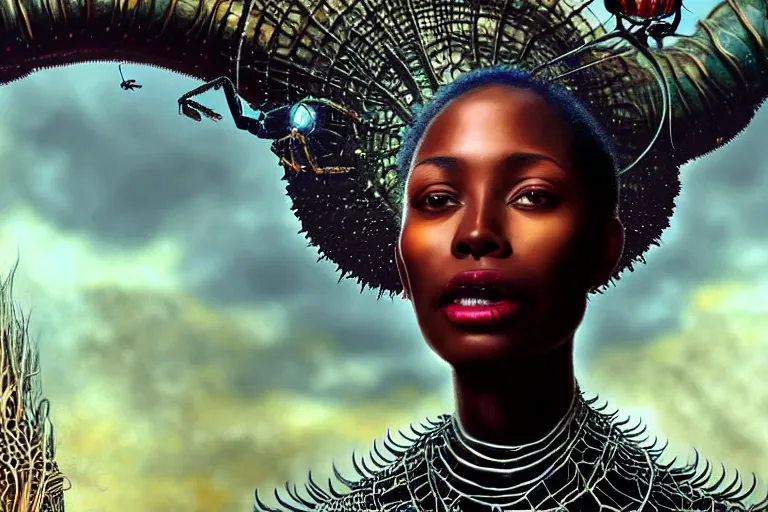 Prompt: realistic detailed closeup portrait movie shot of a beautiful black woman riding a giant spider, dystopian city landscape background by denis villeneuve, amano, yves tanguy, alphonse mucha, max ernst, ernst haeckel, roger dean, cyber necklace, rich moody colours, sci fi patterns, wide angle