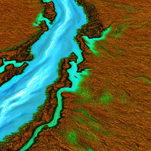 Image similar to hyperrealistic landsat image of a river flowing in an interesting shape, detailed, 4k, vector, contrasting colors, award winning, false colors