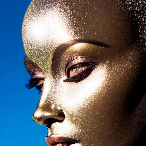 Prompt: portrait of metallic face, african woman, mercury, mirror reflections, smooth, liquid metal, proud, looking away, outdoor, blue sky, 8 k, realistic, depth of field, award winning photography