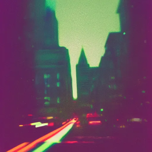 Prompt: polaroid of dream, city, double exposure, chromatic aberration