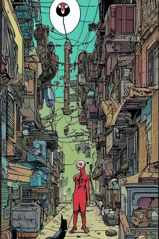 Image similar to a cyborg!! sphynx cat!!, in a cyberpunk alleyway by daniel clowes