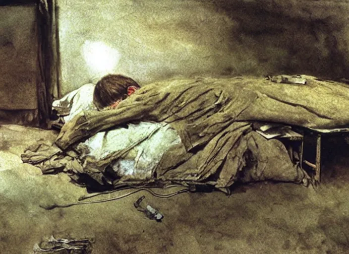 Image similar to poor child sleeping in a dirty makeshift hospital, painting by andrew wyeth and alan lee, very detailed, somber mood, realistic sad faces