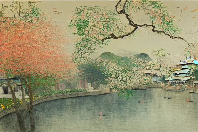 Prompt: an ultradetailed landscape painting of westlake in china hangzhou, light yellow may flowers blossoms nearby, autumn wind, chinese water color, smooth, sharp focus, illustration, by hilma af klint, 8 k